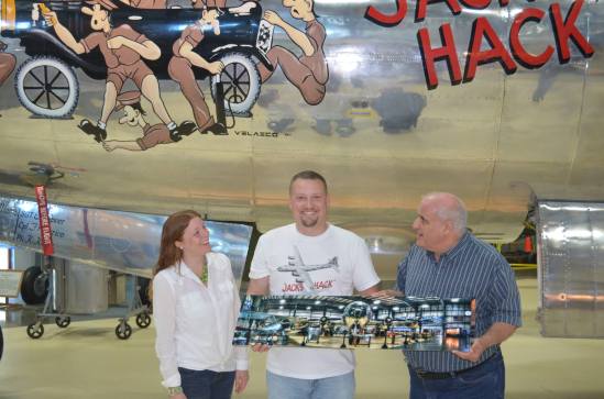 B-29 10x40" MetalPrint Donation. Accepting the print are (L) Gina Maria Alimberti, Director of Visitor Services, and (R) Michael P. Speciale, Executive Director of the museum.